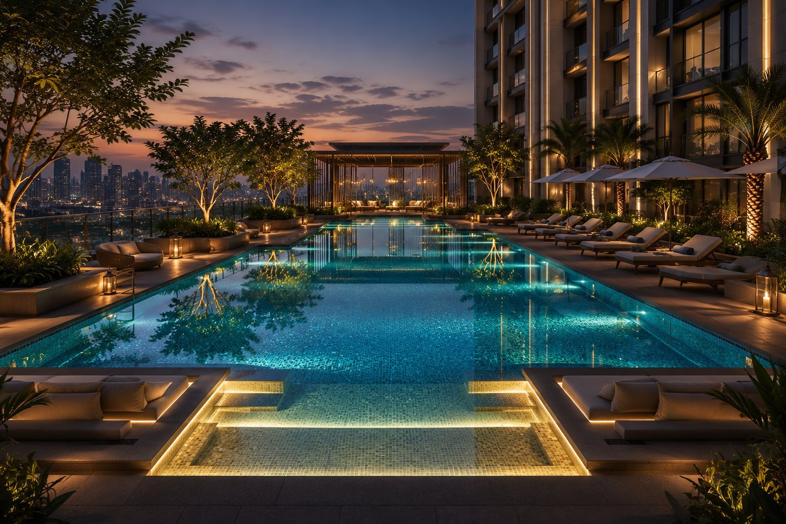 The Magnolias 2 pool deck at dusk